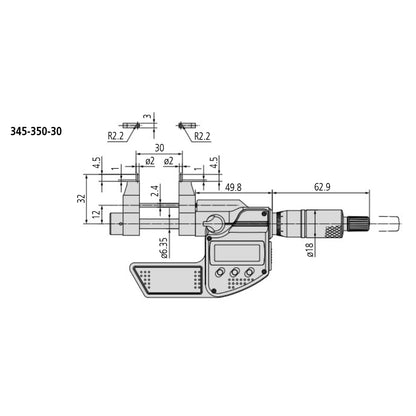 Mitutoyo 345-350-30 Digimatic Digital Caliper Jaw Inside Micrometer, Range 0.2-1.2" / 5.8-30.48mm, Resolution 0.00005" / 0.001mm, with SPC Data Output