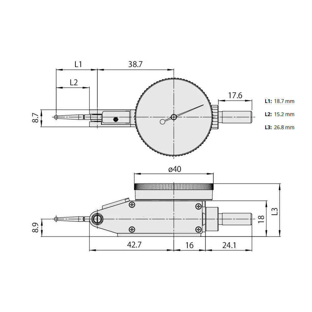 Mitutoyo 513-405-10E Lever Dial Indicator Horizontal Type, Graduation 0.002mm, Range 0.2mm, Scale 0-100-0, Stylus Length 15.2mm, Bezel Diameter 40mm
