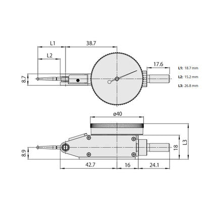 Mitutoyo 513-405-10E Lever Dial Indicator Horizontal Type, Graduation 0.002mm, Range 0.2mm, Scale 0-100-0, Stylus Length 15.2mm, Bezel Diameter 40mm
