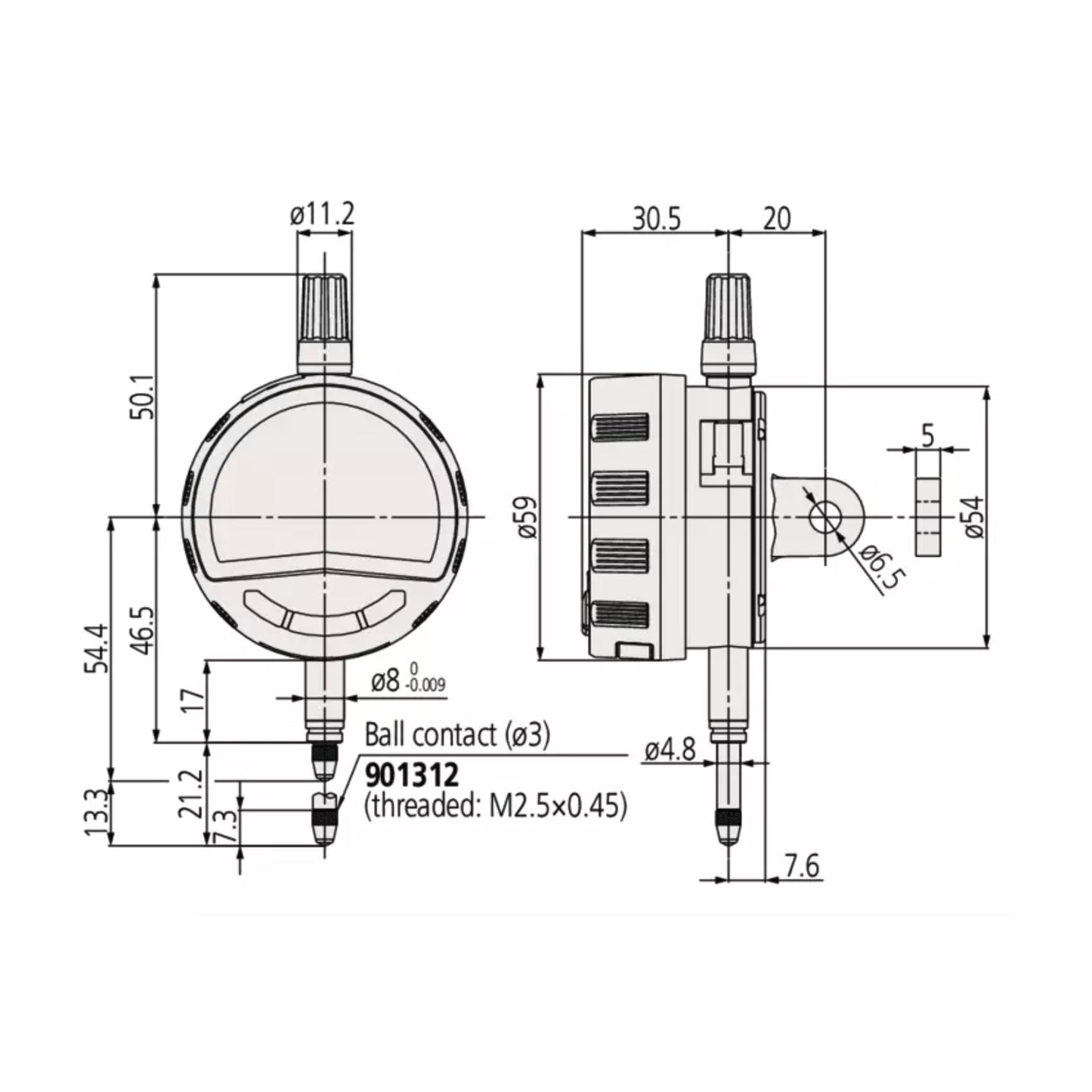 Mitutoyo 543-701 (Centre Lug) Absolute Digimatic Digital Indicator ID-CNX, Range 0.5" / 12.7mm, Resolution 0.0005", 0.0001", 0.00005", 0.00002" / 0.01mm, 0.001mm, 0.0005mm ( Selectable )