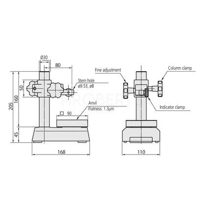 Mitutoyo 7007-10 Dial Gauge Stand, Column Travel 0-90mm, 90x90mm Square Anvil