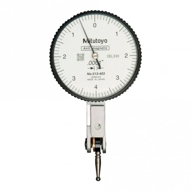 Mitutoyo 513-403E Lever Dial Indicator Horizontal Type, Graduation 0.0001", Range 0.008", Scale 0-4-0, Stylus Length 15.5mm, Bezel Diameter 40mm