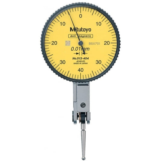 Mitutoyo 513-404E Lever Dial Indicator Horizontal Type, Graduation 0.01mm, Range 0.8mm, Scale 0-40-0, Stylus Length 17.4mm, Bezel Diameter 40mm