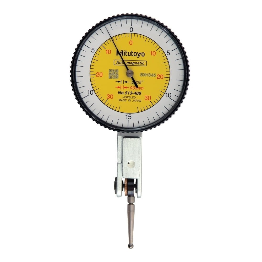 Mitutoyo 513-406T Lever Dial Indicator Horizontal Type, Graduation 0.0005" / 0.01mm, Range 0.03" / 0.7mm, Scale 0-15-0 / 0-35-0, Stylus Length 16.4mm, Bezel Diameter 40mm