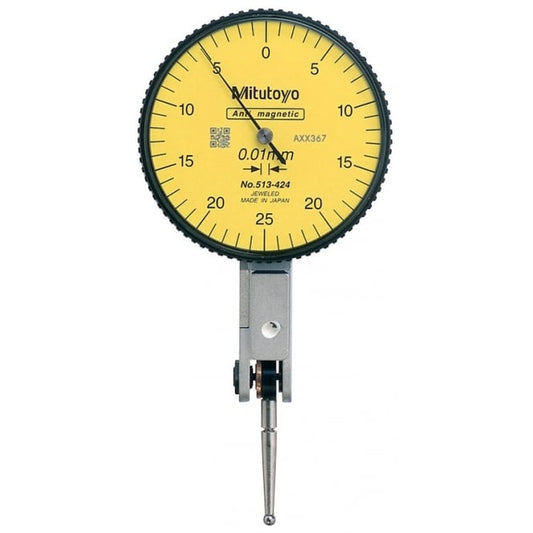 Mitutoyo 513-424T Lever Dial Indicator Horizontal Type, Graduation 0.01mm, Range 0.5mm, Scale 0-25-0, Stylus Length 18.7mm, Bezel Diameter 40mm